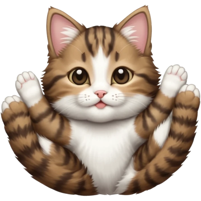 dark brown tabby and white kitten with his eyes closed whilst in funny positions stretched out and  upside down emoji