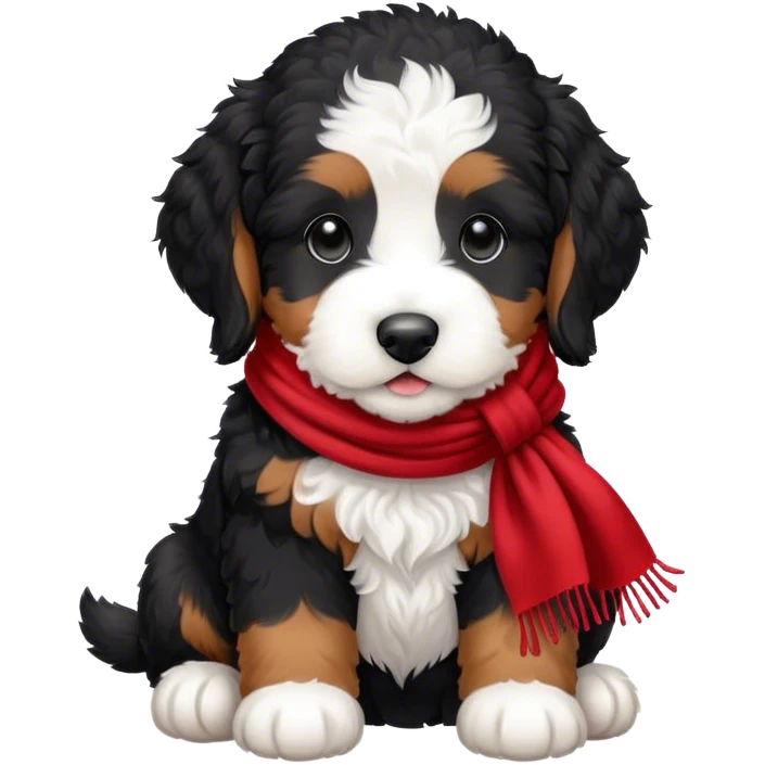 Black and white bernedoodle puppy with a red scarf emoji