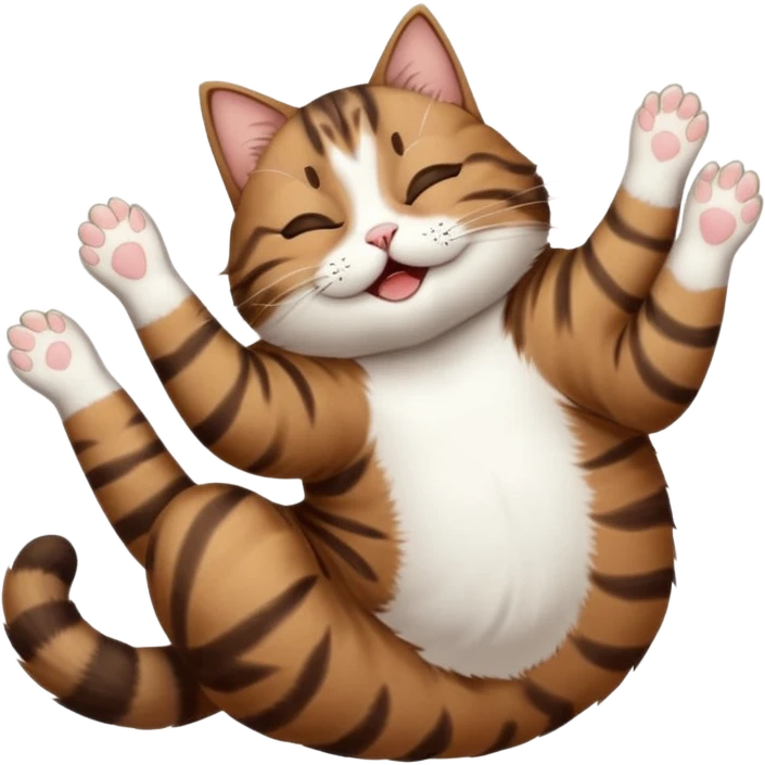 dark brown tabby and white cat in funny positions upside down with eyes closed emoji