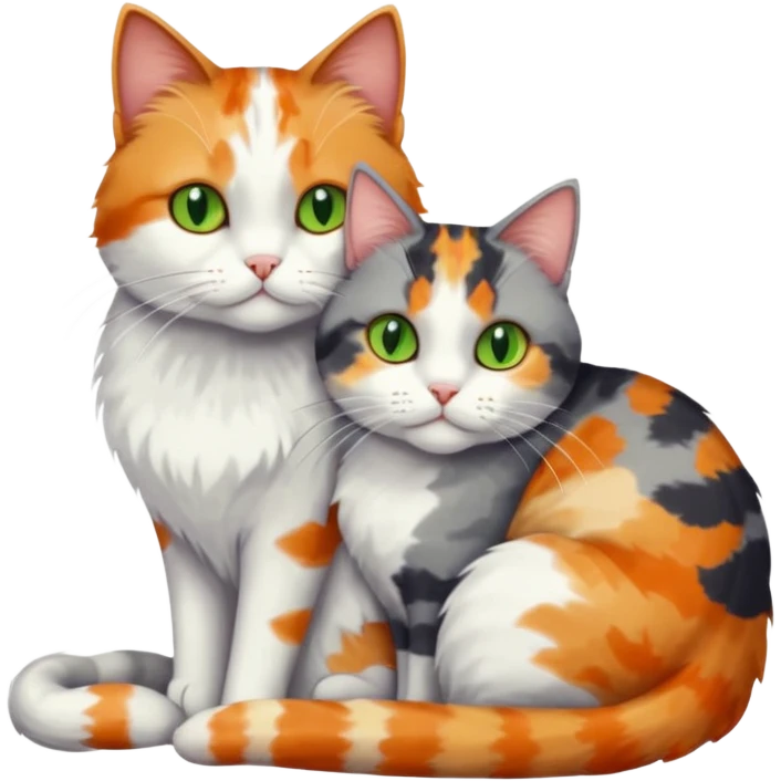 full body colourful light patched calico + white tabby cat cuddling a large grey and white cat  emoji