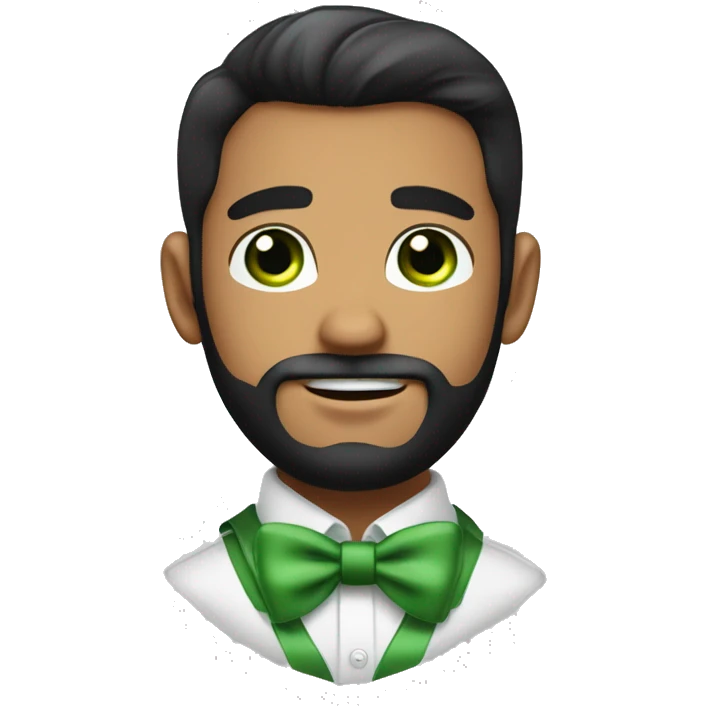 Young round face handsome man with bow tie and green eyes and full beard, black hair , bushy eye brows ballon face hair on forehead  emoji