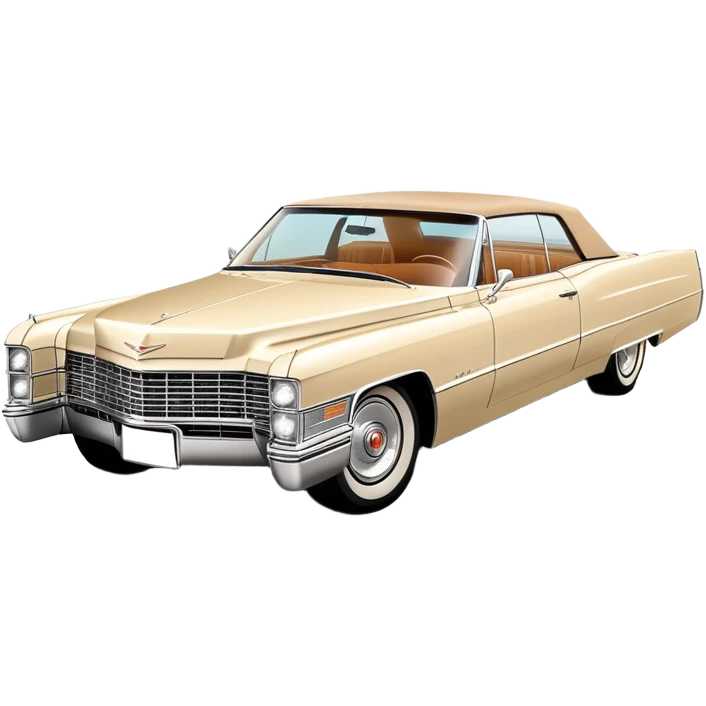 Elegant beige 1966 Cadillac DeVille with sharp details, consistent 30-degree perspective showing front and side, vintage luxury car styling, from Tarantino's Once Upon a Hollywood, iOS emoji style emoji