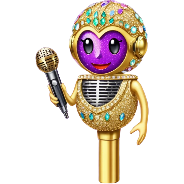 Create a glamorous and vibrant emoji representing stage vocal performance. The design should feature a humanless collage of classic vintage microphone, stage costume covered in rhinestones, sparkling brightly. The costume should be stylized, with glittering elements like sequins and sparkles, and reflect the glitzy, extravagant nature of show business. The microphone should have a sleek, retro look with chrome or metallic accents. Use rich, dazzling colors like gold, silver, deep purple, and bright red to evoke the glamorous, larger-than-life feel of a stage performance. The background should be transparent. emoji