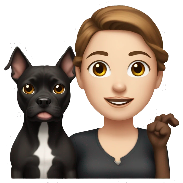 white woman with long brown hair and cat shaped eyes standing alongside a happy black pitbull  emoji