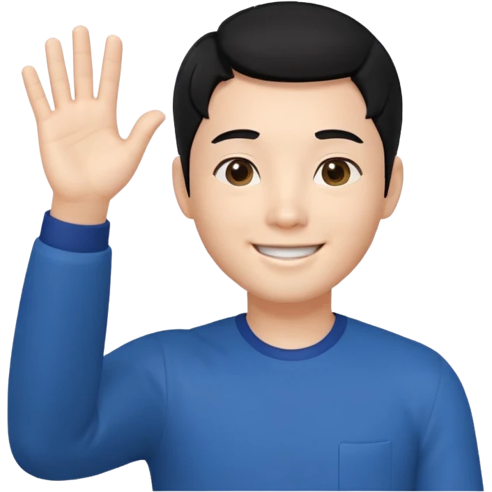 귀엽게 생긴 검정머리 피부하얀 한국 남자, 상반신 다 보이고, 한손 흔들고 있음 3D 생성 emoji
