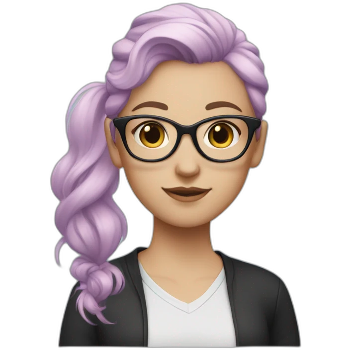 White girl with light purple hair with Ponytail and pastel pink and pastel blueglasses with a black shirt emoji