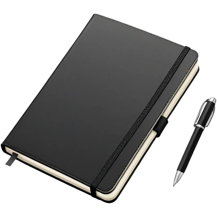 An open black Moleskine notebook with meeting agenda written at the top and clearly visible bullet points below emoji