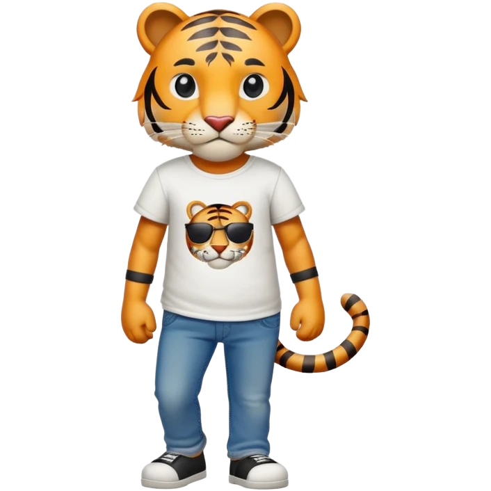 anthropomorphised tiger in a band t-shirt and jeans with an eye patch walking upright relaxed pose emoji