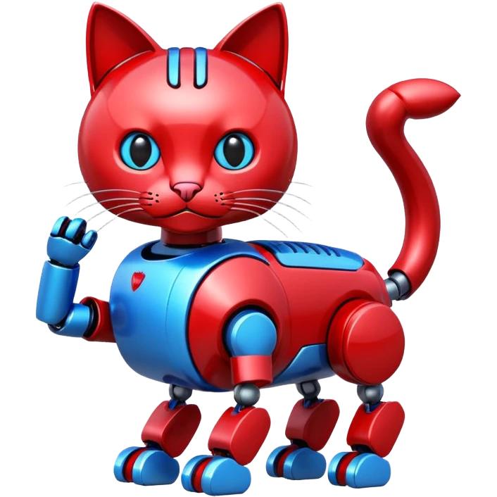 generate robot cat, glossy, realstic, red and blue color, write on text "LMX" emoji
