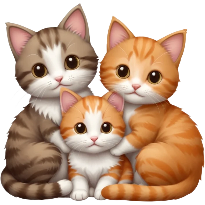 3 tiny kittens cuddling together all different colours, the first one is grey and white, the second is ginger and white and the third is brown tabby and white emoji