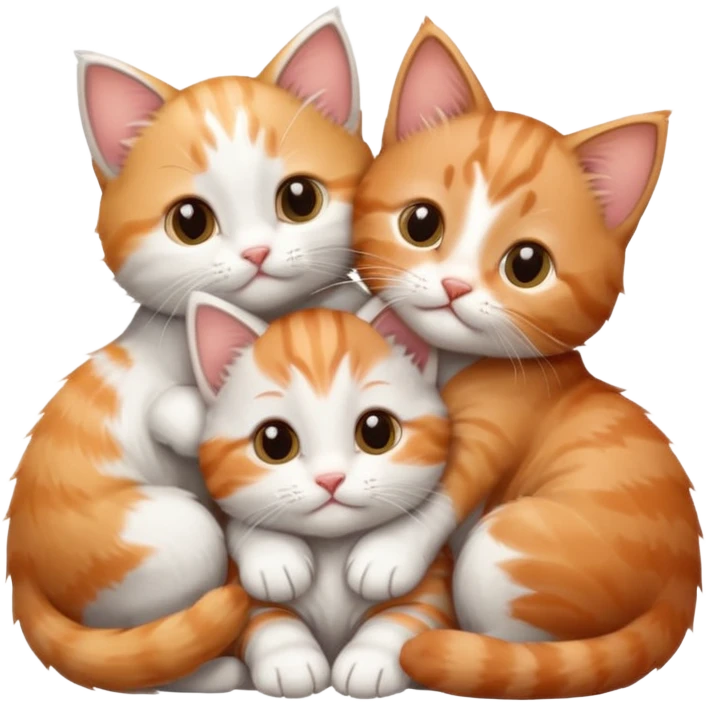 3 tiny kittens cuddling together all different colours, the first one is grey and white, the second is ginger and white and the third is brown tabby and white emoji
