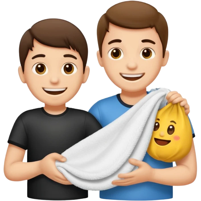 un niño pequeño y un hombre jugando al juego de tirar la soga, en vez de soga una toalla blanca emoji