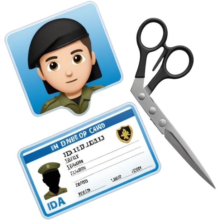 Floating black Scissors cutting in half an idf soldier ID card with a little chip in 2 parts emoji