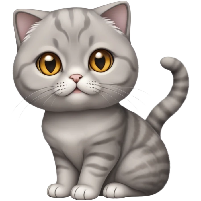  Cinematic-Scottish-Fold-Cat-Realistic-Full-Body-Sitting-Emoji – Tail curled playfully around its paws, head tilted dramatically, soft solid grey fur, signature folded ears adding to its distinctive charm, simplified yet realistic focused features, highly detailed, glowing with an almost sarcastic glow, round amber eyes radiating intelligence and mischief. emoji
