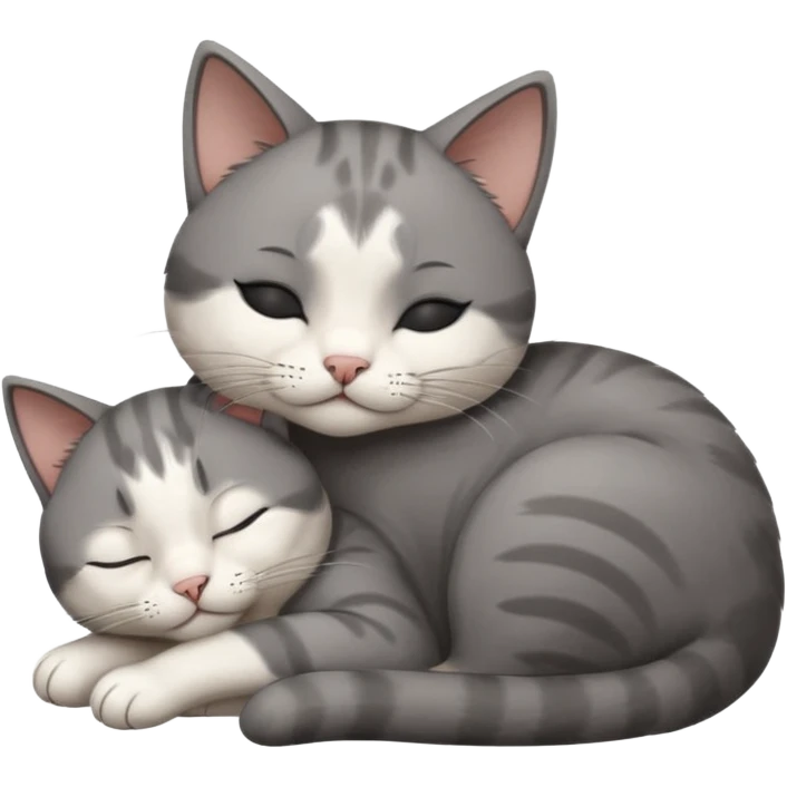 dark grey and white small cat with his eyes closed leaning his head on his paw while leaning on his elbow lying down emoji
