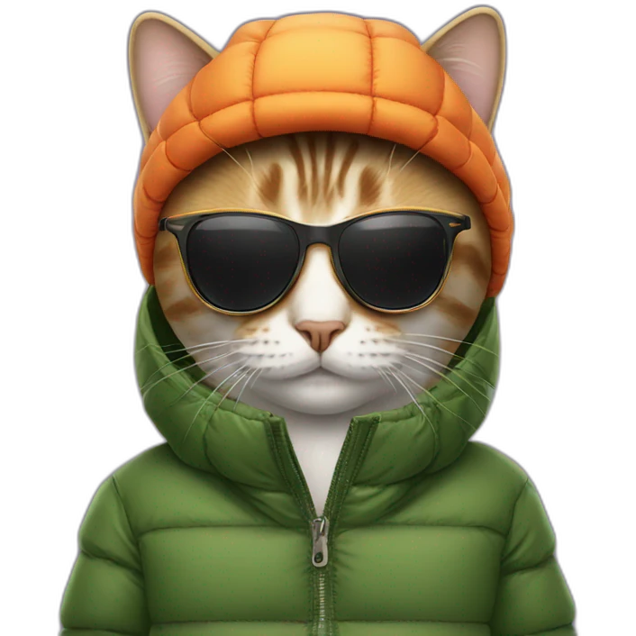 Cat with sunglasses and hat  wearing puffer jacket emoji