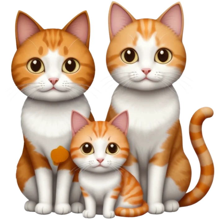 3 different coloured short haired cats including; a dark brown tabby and white cat, and a dark grey and white and a ginger and white emoji