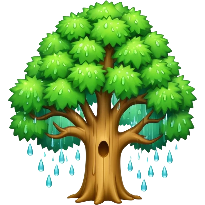 a cartoon tree with trunk intact, top exploding into rain droplets emoji