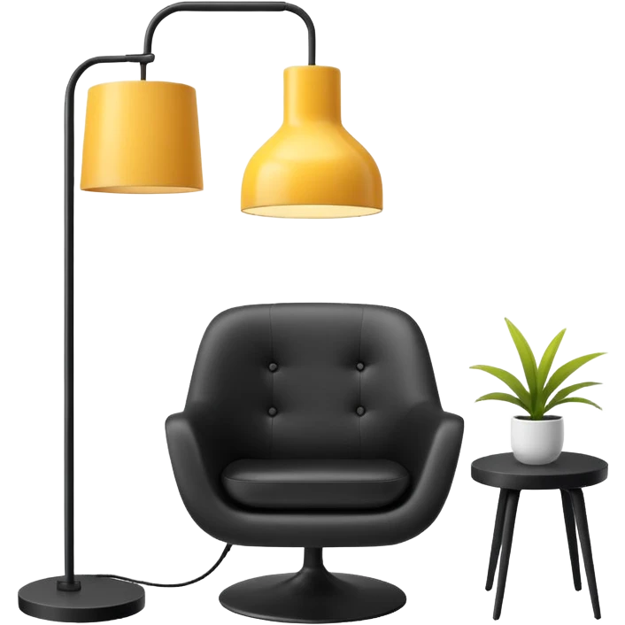 Create a minimalistic and stylish custom emoji that represents a premium interior design studio. The emoji should include a sleek modern chair, a hanging designer lamp, and architectural elements like a floor plan or a paint swatch.  emoji