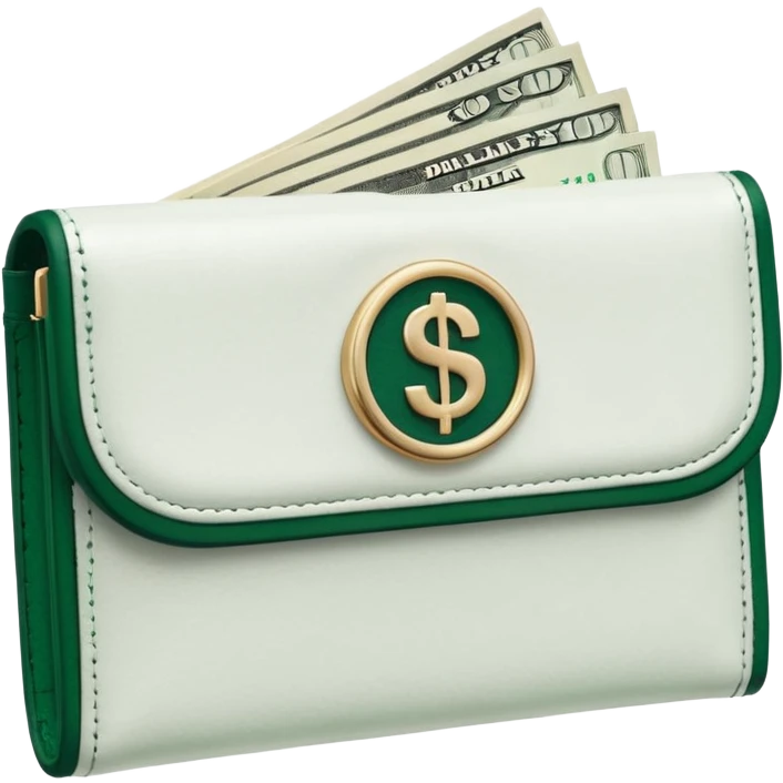 white wallet with dark green clasp, white dollar bills with dark green details visible emoji