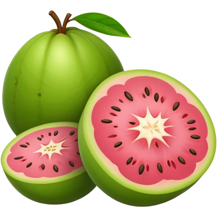 Sliced guava showing pink flesh and small seeds inside emoji