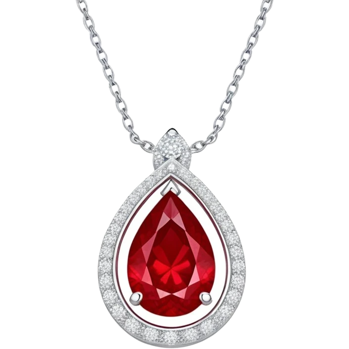 teardrop ruby pendant pulsing fiery red, cradled in a floating silver chain, haloed by glistening white stones like stardust emoji