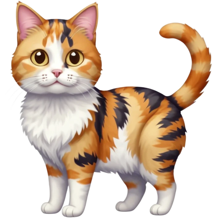 full body anxious looking colourful calico tabby cat with tiny head to large body with fully white front legs emoji