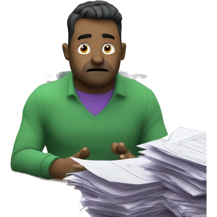 CISO in green/purple branding looks at his screen, frustrated and worried. In the background, piles of papers and reports are overflowing his desk. emoji