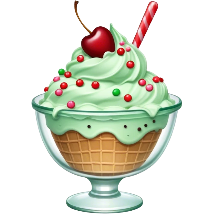 mint chip ice cream with cherry on top and sprinkles in a ruffled glass bowl emoji