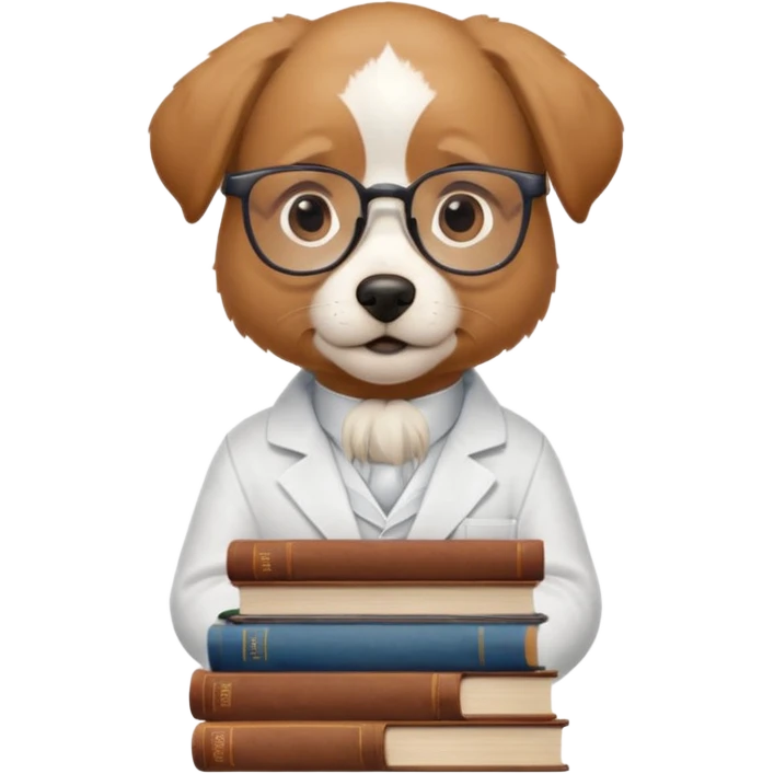 Wise dog with glasses, wearing a lab coat, perched on a stack of books. emoji