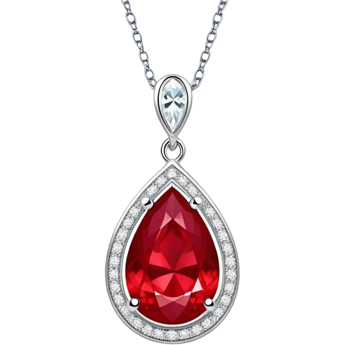 teardrop ruby pendant with a silver chain and shimmering white stones, glowing fiery red emoji