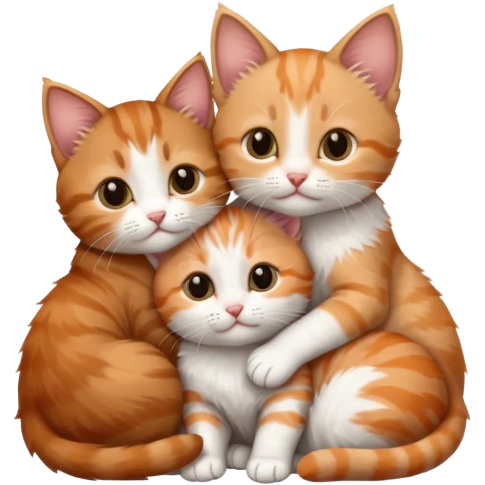 3 tiny kittens cuddling together all different colours, the first one is grey and white, the second is ginger and white and the third is brown tabby and white emoji