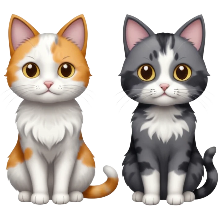 3 different coloured small cats including a dark grey and white, and a patchy calico and a completely solid dark grey with only white paws emoji