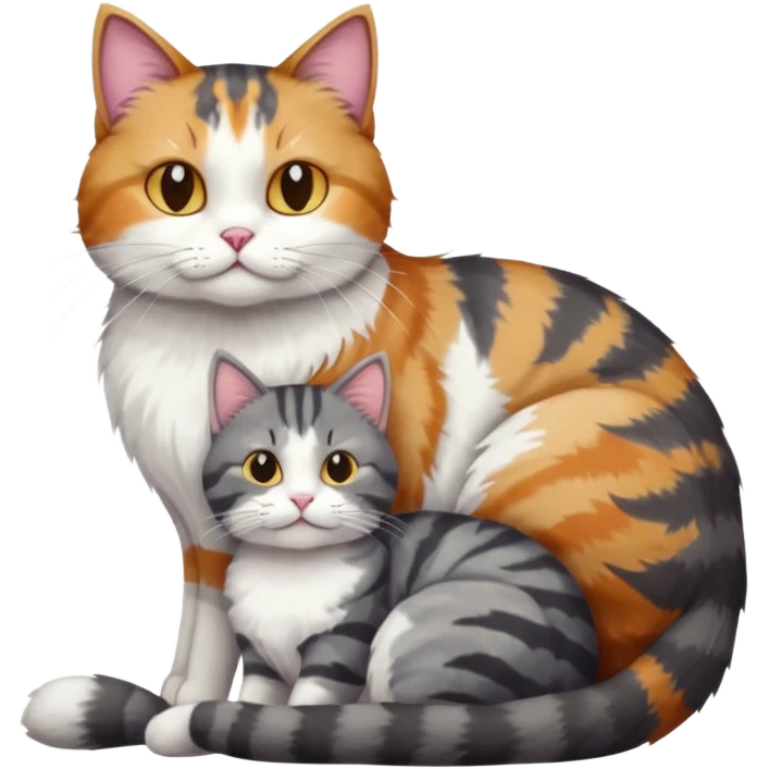 full body colourful light patched calico + white tabby cat cuddling a large dark grey and white tabby cat  emoji