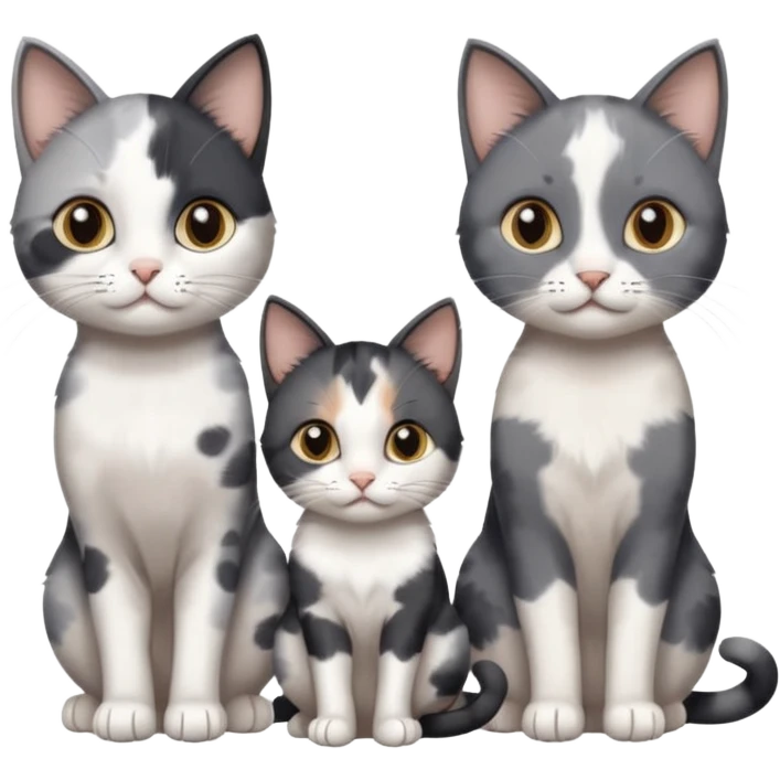 3 different coloured small cats including a dark grey and white, and a patchy calico and a completely solid dark grey with only white paws emoji