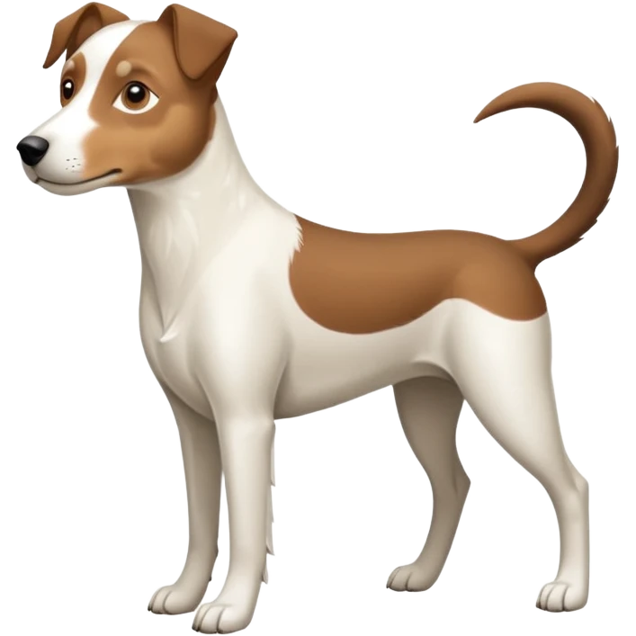 a full body large white parson russell looking dog the size of a kelpie with light brown ears and a light brown patch on one eye and a large snout emoji