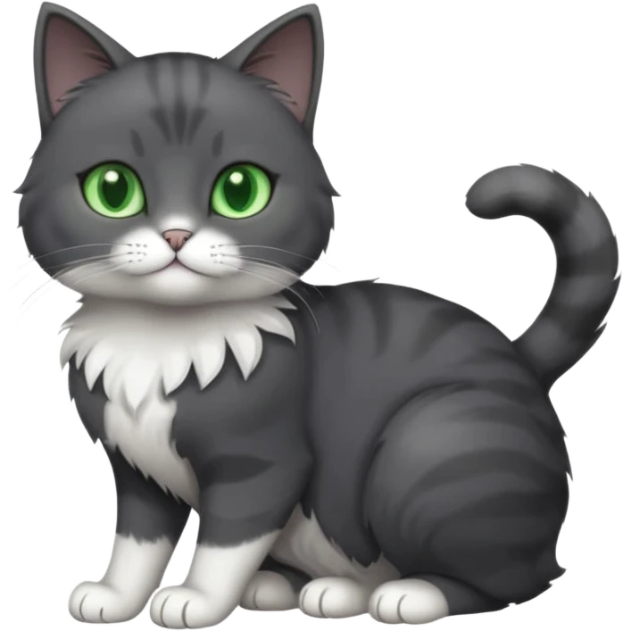 full body view of beautiful female solid dark grey cat with green eyes, white toes/paws and white patch on her chest emoji