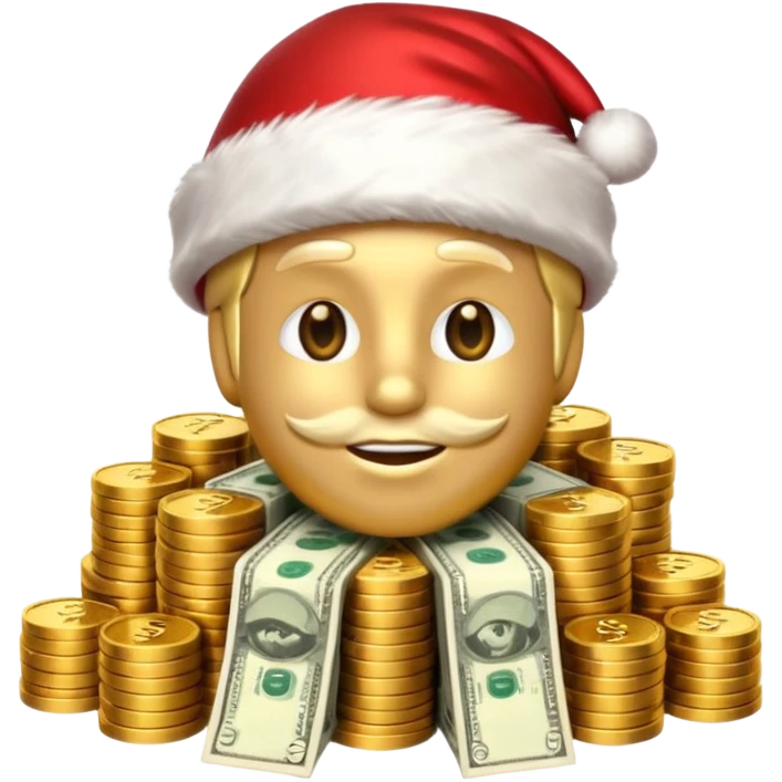 A confident rich emoji face wearing a Santa hat, money stacks, casino vibe, New Year theme, premium 3D emoji style, sharp details, no text, isolated on transparent background emoji
