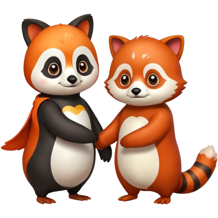 A cartoon penguin and red panda holding "hands" emoji