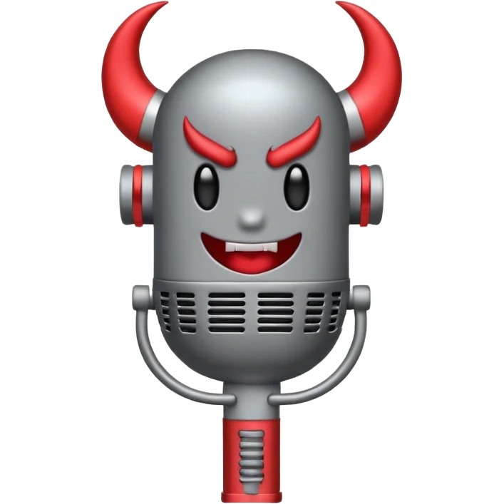 Minimalist emoji-style sticker of a classic retro microphone with small devil horns and a subtle tail wrapping the base. Grayscale with slight red accents.
 emoji