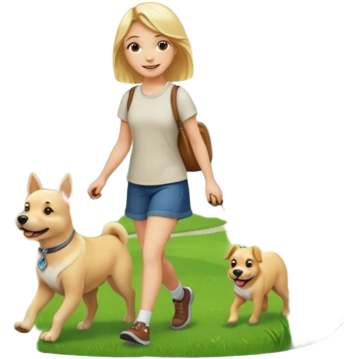 Девушка со светлыми волосами весёлая на прогулке с собакой в парке emoji