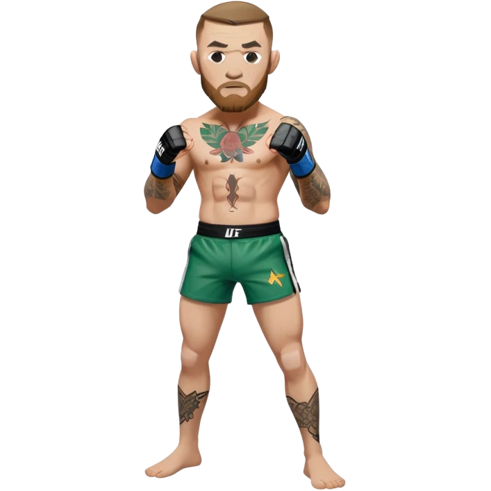 Conor McGregor in fighting stance with UFC shorts and tattoos emoji