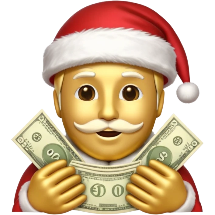 A confident rich emoji face wearing a Santa hat, money stacks, casino vibe, New Year theme, premium 3D emoji style, sharp details, no text, isolated on transparent background emoji