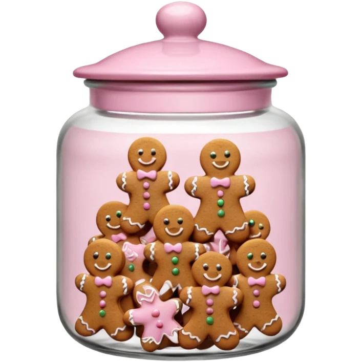 Realistic glass cookie jar with light pink lid full of gingerbread cookies isolated emoji