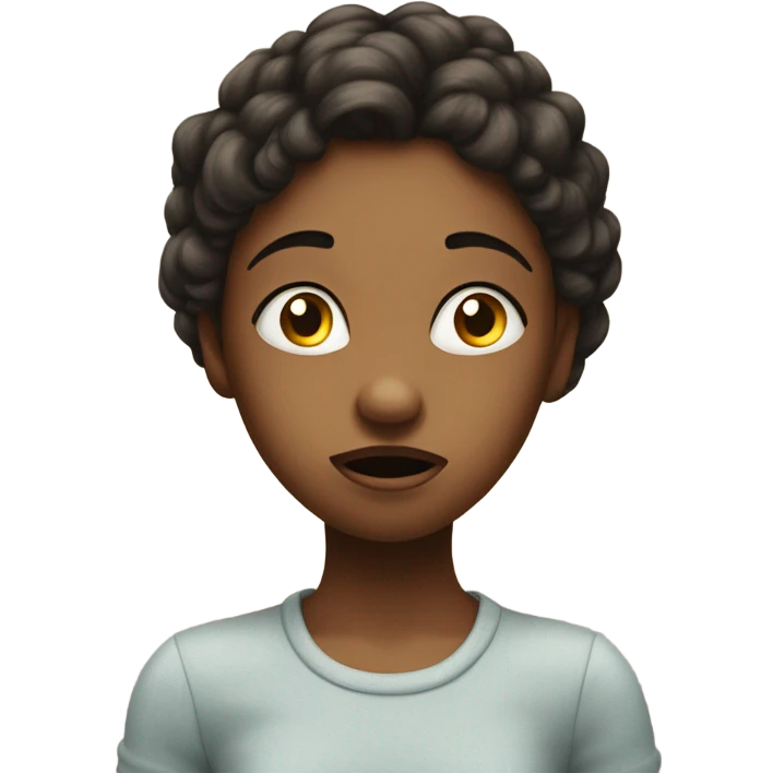 young girl with a puzzled expression, hands extended outward in a questioning gesture, surrounded by floating question marks emoji