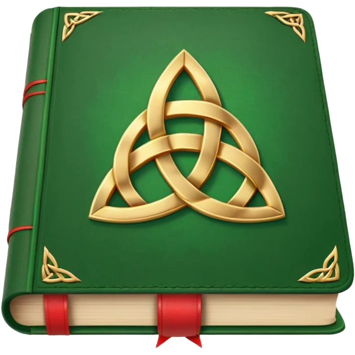 a green closed book with a golden triquetra on it with a red ribbon between the paged emoji
