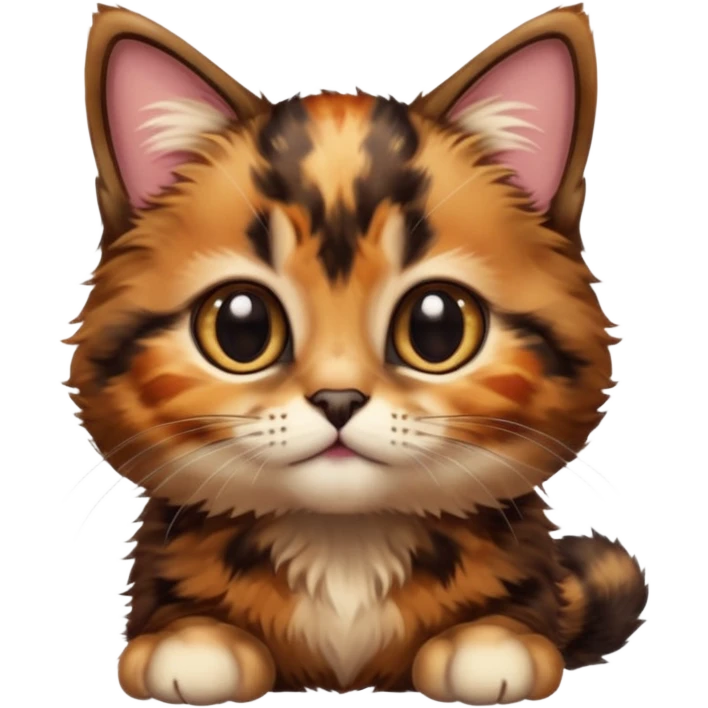 A high-resolution photo-realistic digital illustration of a brown multicoloured  tortoiseshell kitten, chest upward emoji
