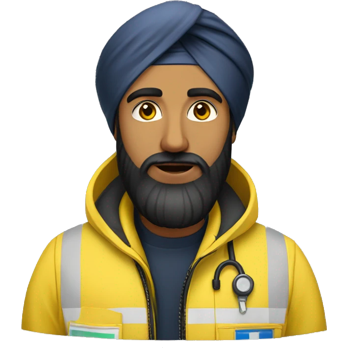 Sikh man with beard wearing a black turban and a yellow paramedic jacket emoji