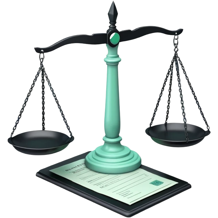 Responsabilité Administrative (Administrative Responsibility), 3D techy icon with black and mint green (#B5F4D3) color scheme, scales of justice with official documents emoji