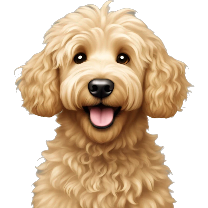 Smiling Goldendoodle with very-short fur and long curly floof mowhawk on top of head emoji